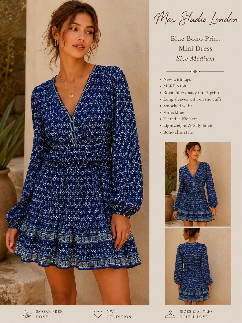 Max Studio Navy & Royal Blue Boho Print Mini Dress